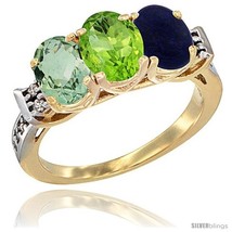 Size 9.5 - 10K Yellow Gold Natural Green Amethyst, Peridot &amp; Lapis Ring 3-Stone  - £437.04 GBP