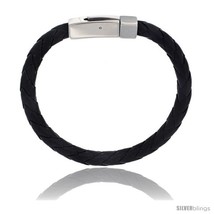 Stainless Steel 7 mm Leather Braid Bracelet Color Black 8 1/2 in  - $15.69