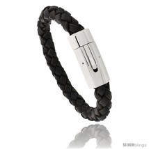 Stainless Steel &amp; Braided Brown Leather Bracelet 3/8 in wide, 8  - £27.19 GBP