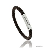 Stainless Steel Braided Brown Leather Bracelet, 5/16 in wide, 7 1/2  - £21.53 GBP