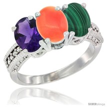 Size 6.5 - 14K White Gold Natural Amethyst, Coral &amp; Malachite Ring 3-Stone 7x5  - £568.69 GBP