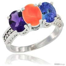 Size 5.5 - 14K White Gold Natural Amethyst, Coral &amp; Tanzanite Ring 3-Stone 7x5  - £608.32 GBP