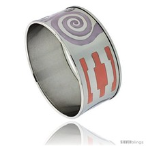 Stainless Steel Slip-On Bangle Bracelet Purple & Orange Enameled Swirl Pattern,  - $32.95