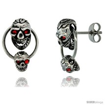 Stainless Steel Door Knocker Skull Earrings w/ Red Stone Eyes, 3/4 in (17  - £22.12 GBP