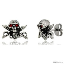 Stainless Steel Skull &amp; Crossed Swords Stud Earrings w/ Red Stone Eyes, 1/2 in  - £16.76 GBP