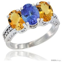 Size 10 - 14K White Gold Natural Tanzanite &amp; Citrine Sides Ring 3-Stone 7x5 mm  - £607.31 GBP