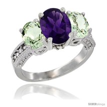 Size 9 - 14K White Gold Ladies 3-Stone Oval Natural Amethyst Ring with Green  - £649.28 GBP