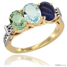 Size 6 - 10K Yellow Gold Natural Green Amethyst, Aquamarine &amp; Lapis Ring  - £462.17 GBP