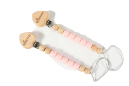 Pink Baby Pacifier Clip Silicone and Wooden Beads Set of 2 NEW - £8.30 GBP