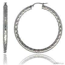 Surgical Steel 2-inch Hoop Earrings Zigzag Embossed Pattern 4 mm tube, feather  - $22.14