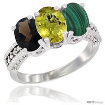 Size 9 - 10K White Gold Natural Smoky Topaz, Lemon Quartz &amp; Malachite Ring  - £433.56 GBP