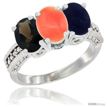 Size 8.5 - 10K White Gold Natural Smoky Topaz, Coral &amp; Lapis Ring 3-Stone Oval  - £423.06 GBP