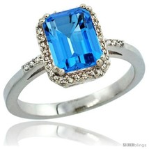 Size 7 - Sterling Silver Diamond Natural Swiss Blue Topaz Ring 1.6 ct Emerald  - £145.66 GBP