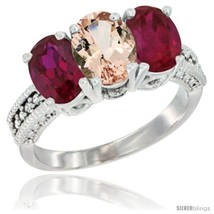 Size 9.5 - 10K White Gold Natural Morganite &amp; Ruby Sides Ring 3-Stone Oval 7x5  - $583.88