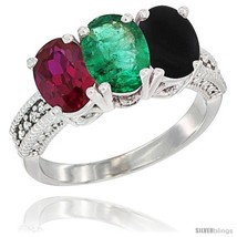 Size 7 - 10K White Gold Natural Ruby, Emerald &amp; Black Onyx Ring 3-Stone Oval  - £470.28 GBP