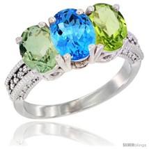 Size 8 - 14K White Gold Natural Green Amethyst, Swiss Blue Topaz &amp; Peridot Ring  - £579.59 GBP