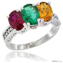 Size 5.5 - 10K White Gold Natural Ruby, Emerald &amp; Whisky Quartz Ring 3-Stone  - £471.87 GBP