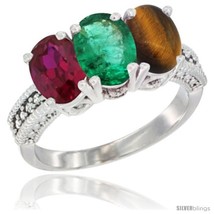 Size 8 - 10K White Gold Natural Ruby, Emerald &amp; Tiger Eye Ring 3-Stone Oval 7x5  - £466.50 GBP