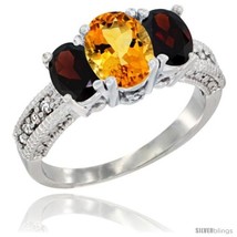 Size 10 - 14k White Gold Ladies Oval Natural Citrine 3-Stone Ring with Garnet  - £557.19 GBP