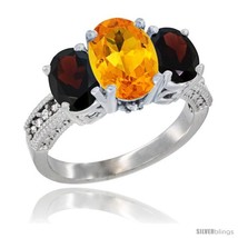 Size 5.5 - 14K White Gold Ladies 3-Stone Oval Natural Citrine Ring with Garnet  - £641.81 GBP