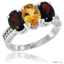 Size 5 - 14K White Gold Natural Citrine &amp; Garnet Sides Ring 3-Stone 7x5 mm Oval  - £570.36 GBP