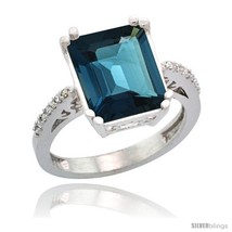 Size 6 - Sterling Silver Diamond Natural London Blue Topaz Ring 5.83 ct Emerald  - £236.91 GBP