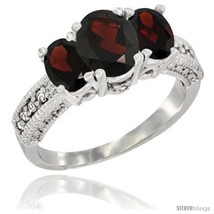 Size 9.5 - 14k White Gold Ladies Oval Natural Garnet 3-Stone Ring Diamond  - £527.11 GBP