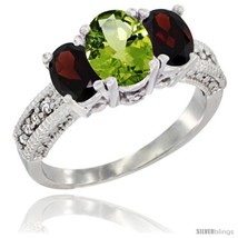 Size 7.5 - 14k White Gold Ladies Oval Natural Peridot 3-Stone Ring with Garnet  - £563.68 GBP