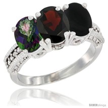 Size 8.5 - 10K White Gold Natural Mystic Topaz, Garnet &amp; Black Onyx Ring  - £435.01 GBP