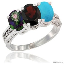 Size 6.5 - 10K White Gold Natural Mystic Topaz, Garnet &amp; Turquoise Ring 3-Stone  - £462.22 GBP