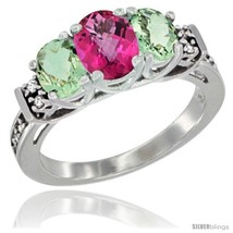 Size 8.5 - 14K White Gold Natural Pink Topaz &amp; Green Amethyst Ring 3-Stone Oval  - £572.79 GBP