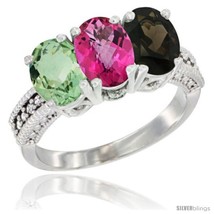 Size 6.5 - 14K White Gold Natural Green Amethyst, Pink Topaz &amp; Smoky Topaz Ring  - $725.08