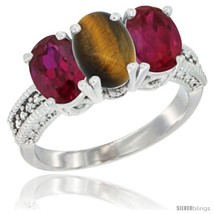 Size 8 - 10K White Gold Natural Tiger Eye &amp; Ruby Ring 3-Stone Oval 7x5 mm  - £432.57 GBP