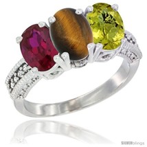 Size 7 - 10K White Gold Natural Ruby, Tiger Eye &amp; Lemon Quartz Ring 3-Stone  - £432.22 GBP