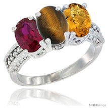 Size 8.5 - 10K White Gold Natural Ruby, Tiger Eye &amp; Whisky Quartz Ring 3-Stone  - £432.22 GBP