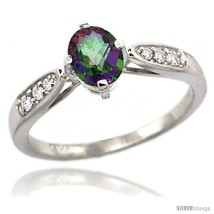 Size 9.5 - 14k White Gold Natural Mystic Topaz Ring 7x5 Oval Shape Diamond  - £479.40 GBP