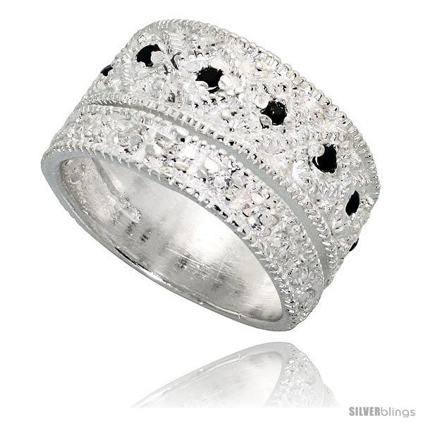 Size 9 - Sterling Silver Band, High Quality Black & White CZ Stones, 1/2 in (11  - £34.14 GBP