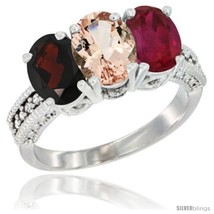 Size 5.5 - 14K White Gold Natural Garnet, Morganite &amp; Ruby Ring 3-Stone 7x5 mm  - $752.19