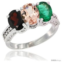 Size 7 - 14K White Gold Natural Garnet, Morganite &amp; Emerald Ring 3-Stone 7x5 mm  - £628.35 GBP