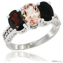 Size 5.5 - 14K White Gold Natural Garnet, Morganite &amp; Black Onyx Ring 3-Stone  - £586.92 GBP