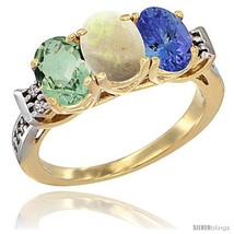 Size 9 - 10K Yellow Gold Natural Green Amethyst, Opal &amp; Tanzanite Ring 3-Stone  - £488.42 GBP