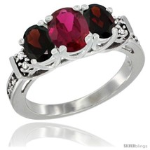 Size 9 - 14K White Gold Natural High Quality Ruby &amp; Garnet Ring 3-Stone Oval  - $722.09