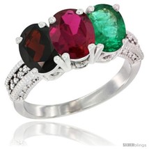 Size 9 - 14K White Gold Natural Garnet, Ruby &amp; Emerald Ring 3-Stone 7x5 mm Oval  - £615.39 GBP