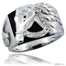 Size 12 - Sterling Silver Men's Black Onyx Horse Ring CZ Stones, 1/2 in (14.5  - £68.69 GBP