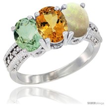 Size 6 - 14K White Gold Natural Green Amethyst, Citrine &amp; Opal Ring 3-Stone 7x5  - £568.30 GBP