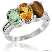 Size 6.5 - 14K White Gold Natural Green Amethyst, Citrine &amp; Tiger Eye Ring  - £560.49 GBP