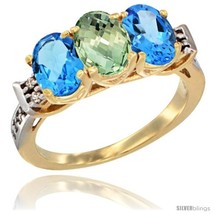 Size 10 - 10K Yellow Gold Natural Green Amethyst &amp; Swiss Blue Topaz Sides Ring  - £417.33 GBP