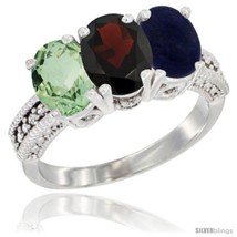 Size 6 - 14K White Gold Natural Green Amethyst, Garnet &amp; Lapis Ring 3-Stone 7x5  - £569.56 GBP