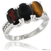Size 7 - 14K White Gold Natural Garnet, Black Onyx &amp; Tiger Eye Ring 3-St... - $699.98