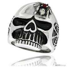Size 14 - Surgical Steel Biker Skull Ring Red CZ Spider on Forehead and Spider  - £20.44 GBP
